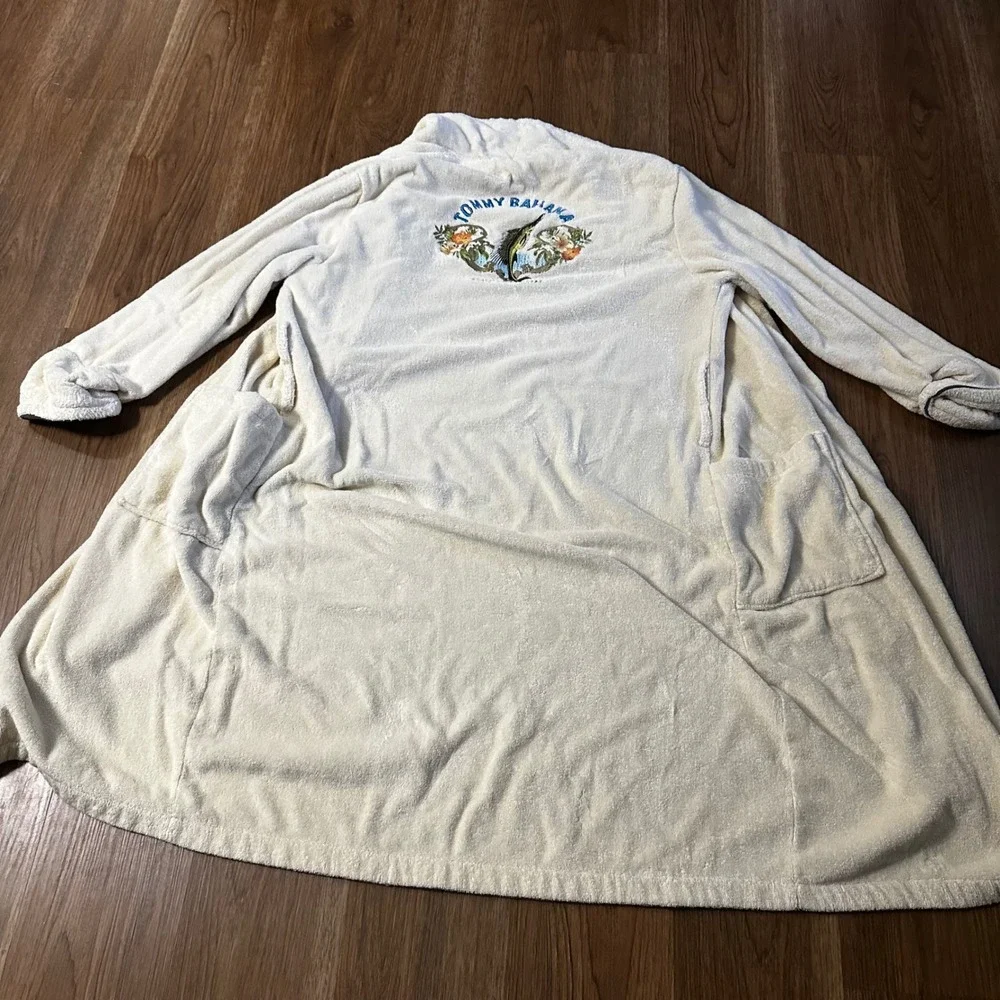 Tommy Bahama Robe Mens S/M Cream Good Embroidered Marlin Hooded Cotton Terry
